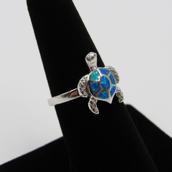 Sterling Silver Blue Opal Cute Turtle Band Ring - Picture 3 of 5